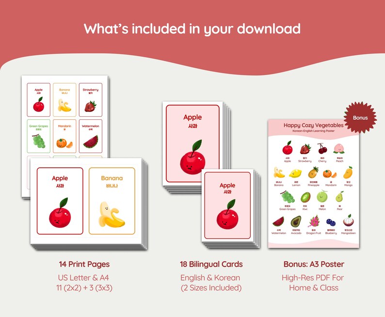 Educational printable set featuring fruit and vegetable flashcards and a poster. The cards are bilingual, with English and Korean text. The set includes 14 print pages in US Letter and A4 sizes, plus a bonus A3 poster.