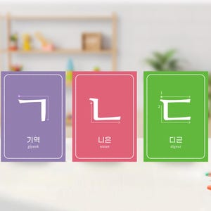 Classroom-style mockup with three large Korean jamo flashcards standing on a table, showing Hangul consonants with stroke order arrows and pronunciation.