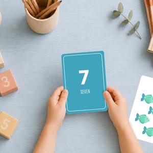 K&ouml;nnte beinhalten: Eine rechteckige blaue Lernkarte mit der wei&szlig;en Zahl 7 und dem Wort SEVEN in Gro&szlig;buchstaben. Daneben zeigt eine wei&szlig;e Karte sieben kleine gr&uuml;ne Fischillustrationen. Die Karten sind von h&ouml;lzernen Zahlenbl&ouml;cken umgeben.