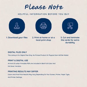 Information page for a digital Korean jamo flashcard listing, explaining file download, home or local printing, cutting, laminating, and print color variations.