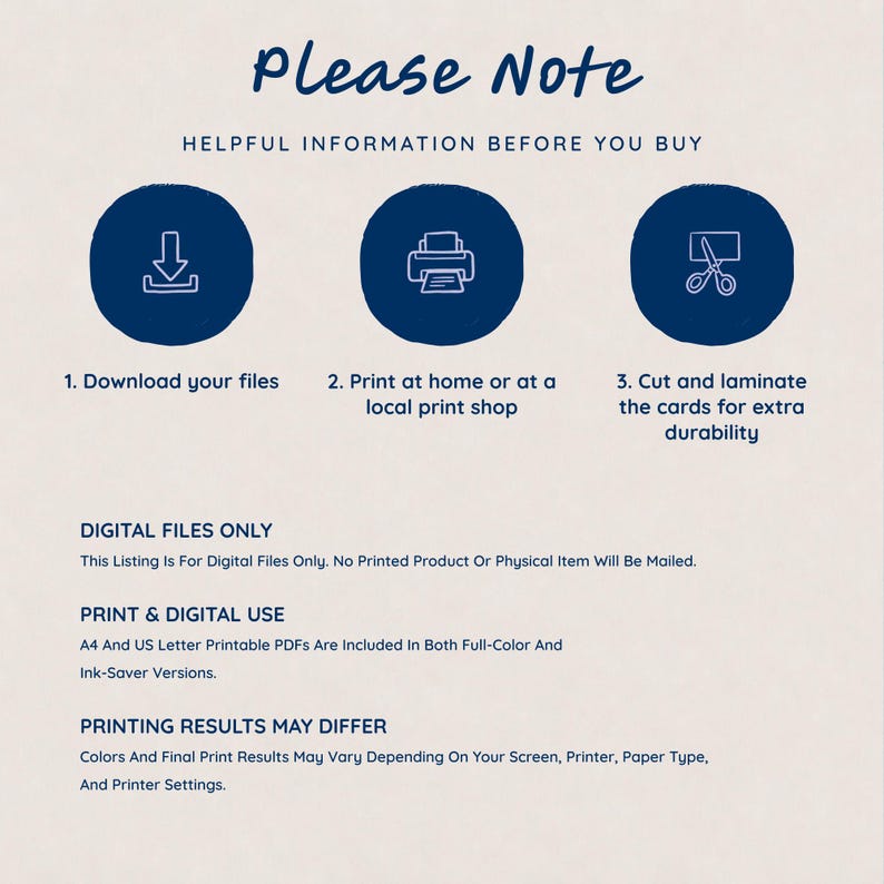Information page for a digital Korean jamo flashcard listing, explaining file download, home or local printing, cutting, laminating, and print color variations.