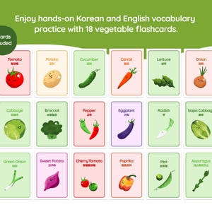 Grid preview of 18 Korean-English vegetable flashcards with illustrated vegetables and bilingual labels on a light green background.