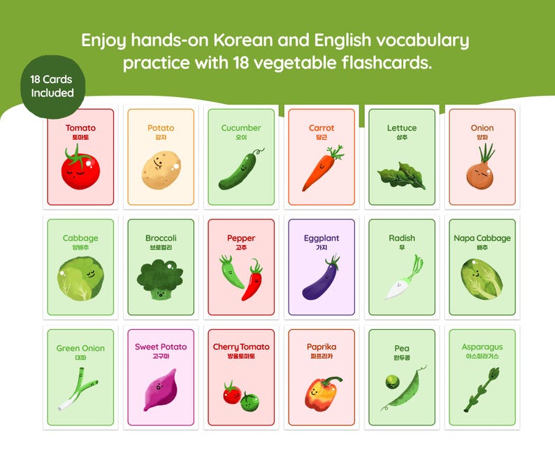 Grid preview of 18 Korean-English vegetable flashcards with illustrated vegetables and bilingual labels on a light green background.