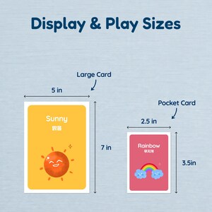A size guide titled 'Display & Play Sizes' for the weather cards. It illustrates two available sizes: a Large Card (5x7 in) featuring 'Sunny' and a Pocket Card (2.5x3.5 in) featuring 'Rainbow'.