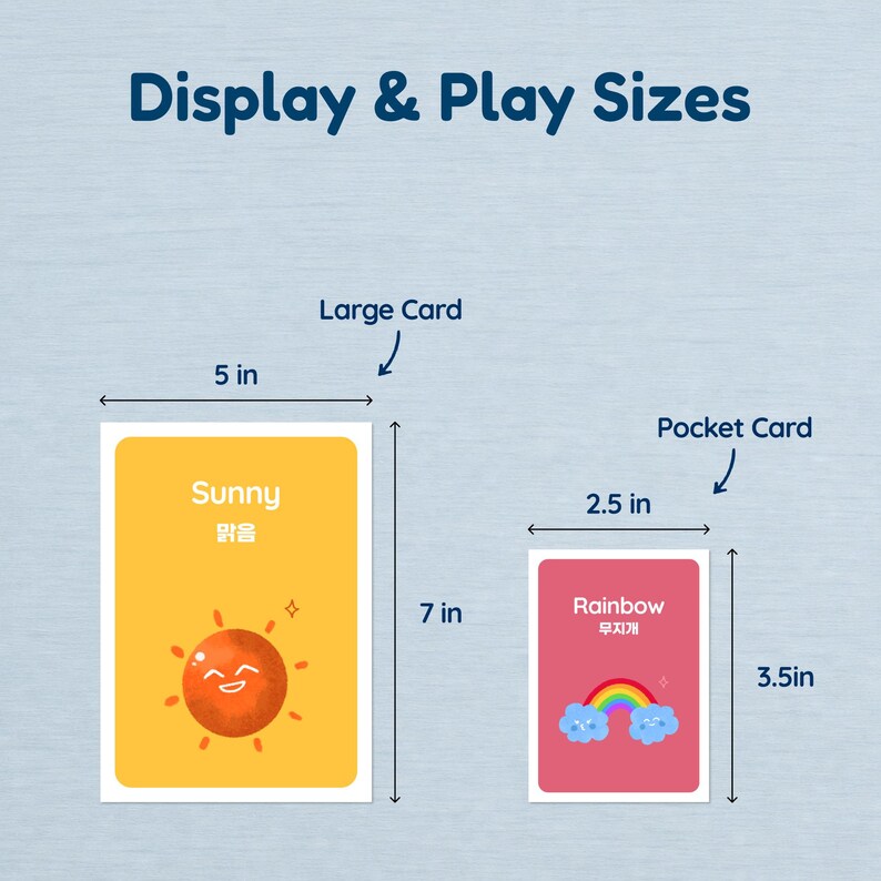 A size guide titled 'Display & Play Sizes' for the weather cards. It illustrates two available sizes: a Large Card (5x7 in) featuring 'Sunny' and a Pocket Card (2.5x3.5 in) featuring 'Rainbow'.