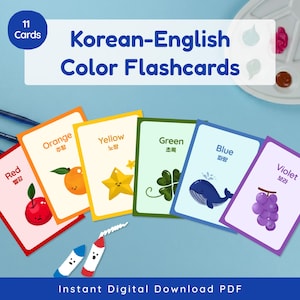 May include: Korean-English color flashcards featuring the colors red, orange, yellow, green, blue, and violet. Each card displays the color name in English and Korean, along with a corresponding illustration. The set includes 11 cards and a printable PDF.