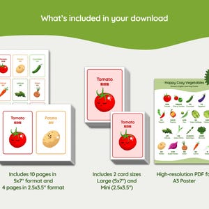 A collection of educational materials featuring colorful illustrations of vegetables. Includes flashcards with a tomato, potato, and other vegetables, plus a poster. The text on the cards is in English and Korean.