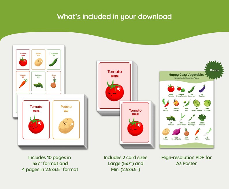 A collection of educational materials featuring colorful illustrations of vegetables. Includes flashcards with a tomato, potato, and other vegetables, plus a poster. The text on the cards is in English and Korean.