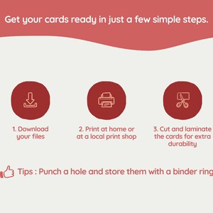 Instruction graphic for Korean-English fruit flashcards showing three preparation steps: download the files, print at home or at a local print shop, and cut and laminate the cards, with a tip to store them using a binder ring.