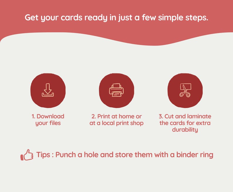 Instruction graphic for Korean-English fruit flashcards showing three preparation steps: download the files, print at home or at a local print shop, and cut and laminate the cards, with a tip to store them using a binder ring.
