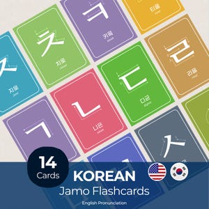 Cover image for printable Korean Jamo Flashcards showing colorful Hangul consonant cards, a “14 Cards” badge, US and Korean flags, and English pronunciation.