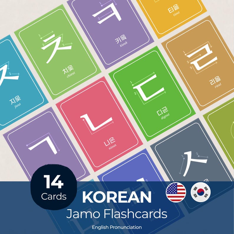 Cover image for printable Korean Jamo Flashcards showing colorful Hangul consonant cards, a “14 Cards” badge, US and Korean flags, and English pronunciation.