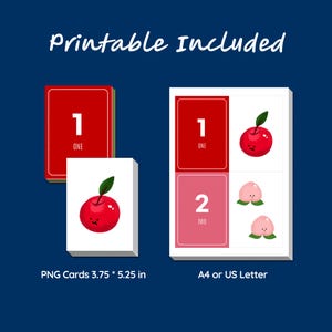 K&ouml;nnte beinhalten: Ein Set aus druckbaren Lernkarten mit dem Text Printable Included. Die Karten zeigen die Zahl 1, das Wort ONE und eine rote Apfelillustration. Ein Blatt zeigt die Zahl 1 mit einem Apfel und die Zahl 2 mit zwei Pfirsichen als Abbildung.