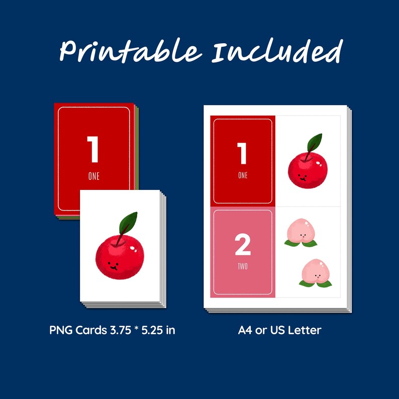 K&ouml;nnte beinhalten: Ein Set aus druckbaren Lernkarten mit dem Text Printable Included. Die Karten zeigen die Zahl 1, das Wort ONE und eine rote Apfelillustration. Ein Blatt zeigt die Zahl 1 mit einem Apfel und die Zahl 2 mit zwei Pfirsichen als Abbildung.