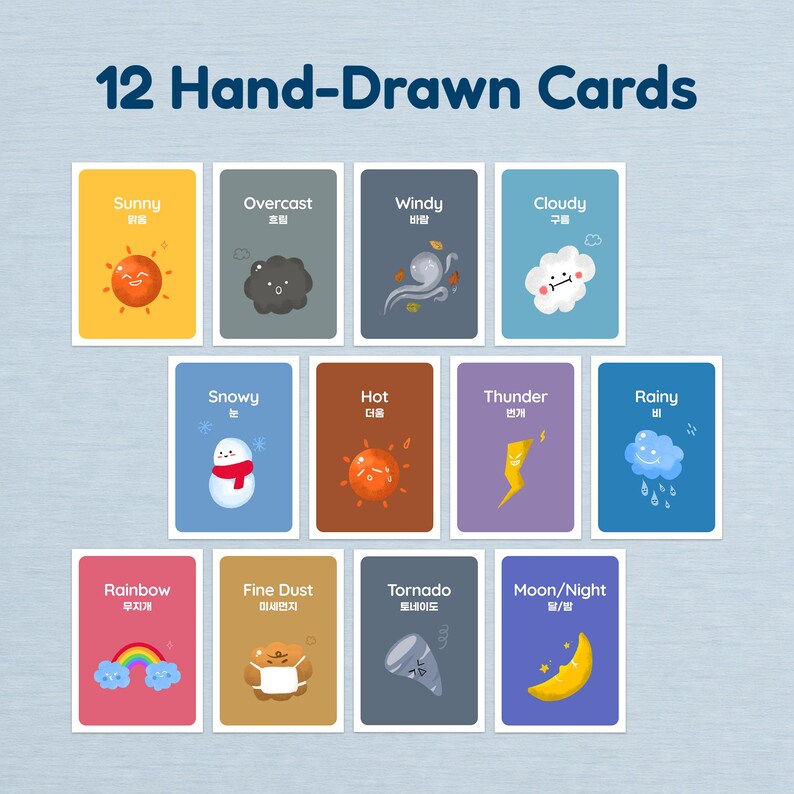 A collection of weather-themed flashcards titled '12 Hand-Drawn Cards'. The image displays various bilingual English and Korean cards including Sunny, Windy, Rainy, and Rainbow with cute, colorful illustrations on a light blue background.