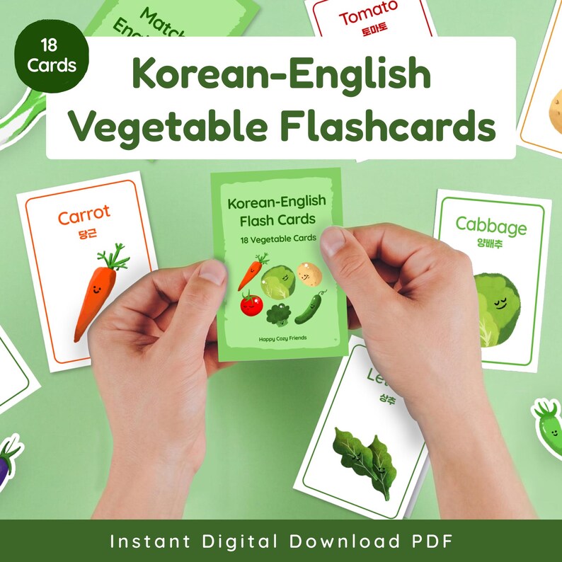Cover image of Korean-English bilingual vegetable flashcards printable set with 18 cards, showing illustrated veggie cards and hands holding a card on a green background, labeled instant digital download PDF