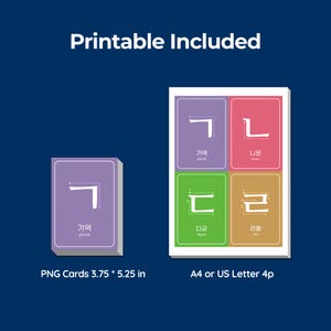 Printable files included preview showing individual PNG Korean jamo cards and A4 or US Letter printable PDF pages with four cards per sheet.