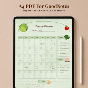 A digital monthly planner displayed on a tablet. The planner features a green and white design with sections for each day of the week, goals, and notes. Text at the top reads "A4 PDF For GoodNotes". A white stylus is next to the tablet.