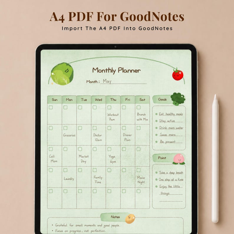 A digital monthly planner displayed on a tablet. The planner features a green and white design with sections for each day of the week, goals, and notes. Text at the top reads "A4 PDF For GoodNotes". A white stylus is next to the tablet.