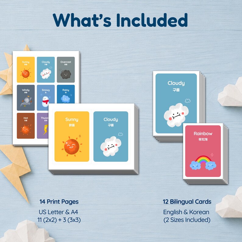 An infographic titled 'What's Included' for the weather card set. It specifies 14 printable pages (US Letter & A4), and 12 bilingual cards in English and Korean. The text also mentions two sizes are included.
