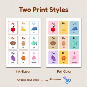 Comparison of two print styles for the ABC flashcards: 'Ink-Saver' version with white backgrounds and 'Full Color' version with soft pastel backgrounds. Text at the bottom says 'Choose Your Style' with a scissor icon indicating they are ready to cut.