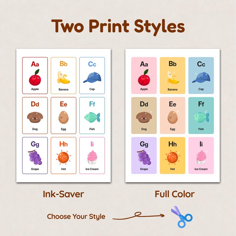 Comparison of two print styles for the ABC flashcards: 'Ink-Saver' version with white backgrounds and 'Full Color' version with soft pastel backgrounds. Text at the bottom says 'Choose Your Style' with a scissor icon indicating they are ready to cut.