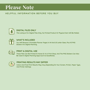 A digital product information sheet with a light green background and dark green text. The text includes "Please Note" and "Helpful Information Before You Buy." Details include digital files, what's included, print and digital use, and printing results.