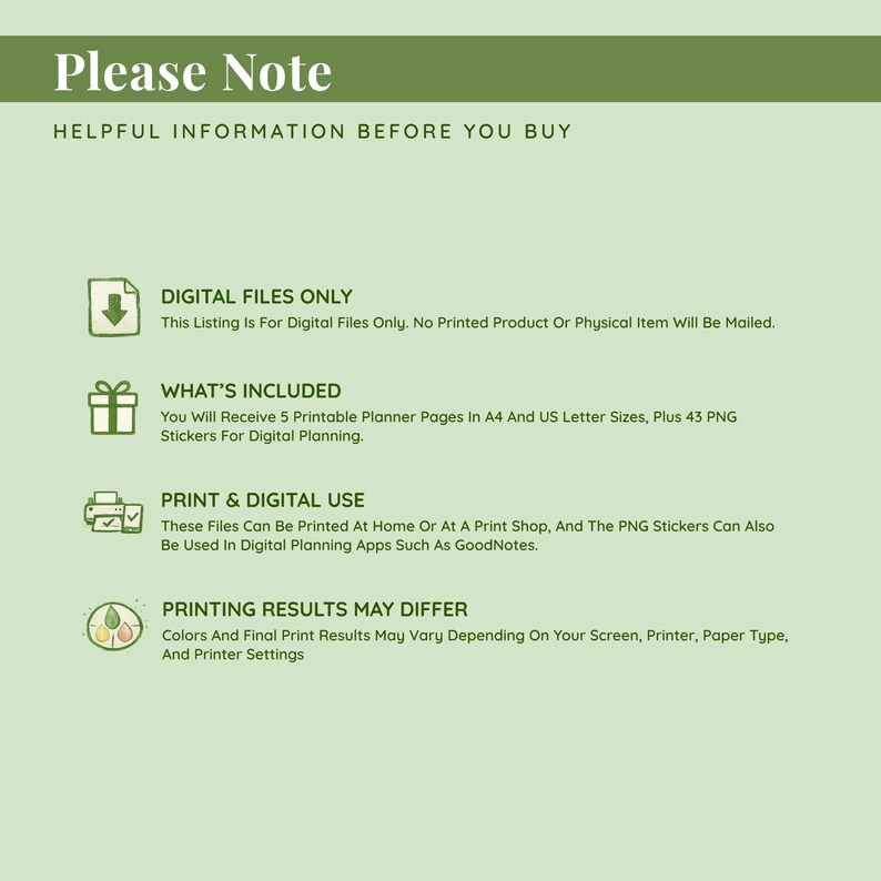 A digital product information sheet with a light green background and dark green text. The text includes "Please Note" and "Helpful Information Before You Buy." Details include digital files, what's included, print and digital use, and printing results.
