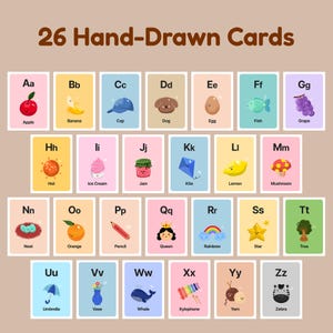 A complete set of 26 hand-drawn alphabet flashcards from A to Z. Each card features a cute pastel illustration such as an apple, banana, dog, and rainbow. The title '26 Hand-Drawn Cards' is displayed at the top against a warm beige background.