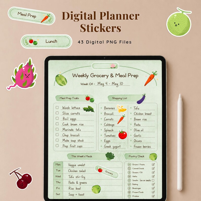 Digital planner stickers with a weekly grocery and meal prep layout. The digital PNG files include a shopping list, meal prep tasks, and meal planning for the week of May 4-10. Includes a white stylus.