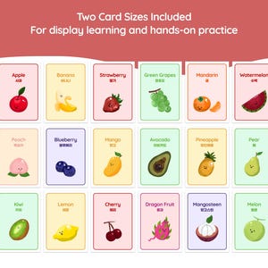 Preview image of Korean-English fruit flashcards printable set showing 18 illustrated bilingual fruit cards in a grid, with text noting two card sizes included for display learning and hands-on practice.