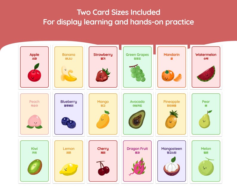 Preview image of Korean-English fruit flashcards printable set showing 18 illustrated bilingual fruit cards in a grid, with text noting two card sizes included for display learning and hands-on practice.