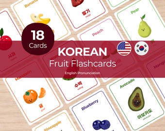 Korean First Words Flashcards for Kids, Korean English Fruit Vocabulary Cards, Printable Hangul PDF