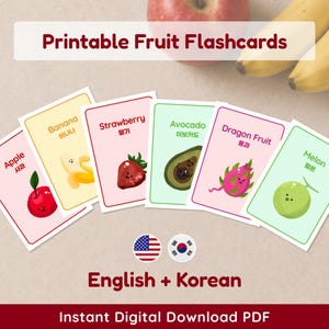Cover image of Korean-English fruit flashcards printable set with 18 cards, showing illustrated bilingual fruit cards including apple, banana, strawberry, avocado, dragon fruit, and melon, with instant digital download PDF text.