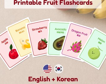 Bilingual Korean English Fruit Flashcards, Hangul Learning Cards, Printable (Digital Download)