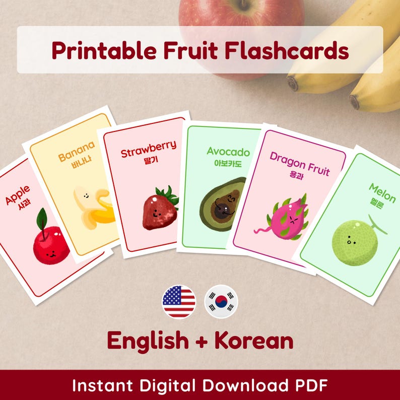 Cover image of Korean-English fruit flashcards printable set with 18 cards, showing illustrated bilingual fruit cards including apple, banana, strawberry, avocado, dragon fruit, and melon, with instant digital download PDF text.