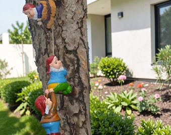 Trädgårdsdekor med tomteträd | Klättrande tomteskulptur, trädkramare i polyresin, trädgårdskonst för utomhusbruk, älvträdgårdsdekor, presentidé