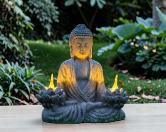 Statua di Buddha con luce LED a forma di loto, decorazione per giardino zen / scultura in resina per meditazione, elemento decorativo spirituale per interni ed esterni, regalo da collezione
