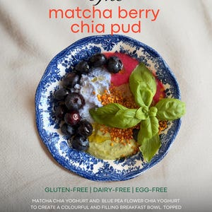 May include: A colorful breakfast bowl on a blue and white patterned plate. The bowl contains matcha chia yogurt, blueberries, raspberry coulis, bee pollen, almond butter, and basil. Text on the image reads "The matcha berry chia pud" and "GLUTEN-FREE | DAIRY-FREE | EGG-FREE".