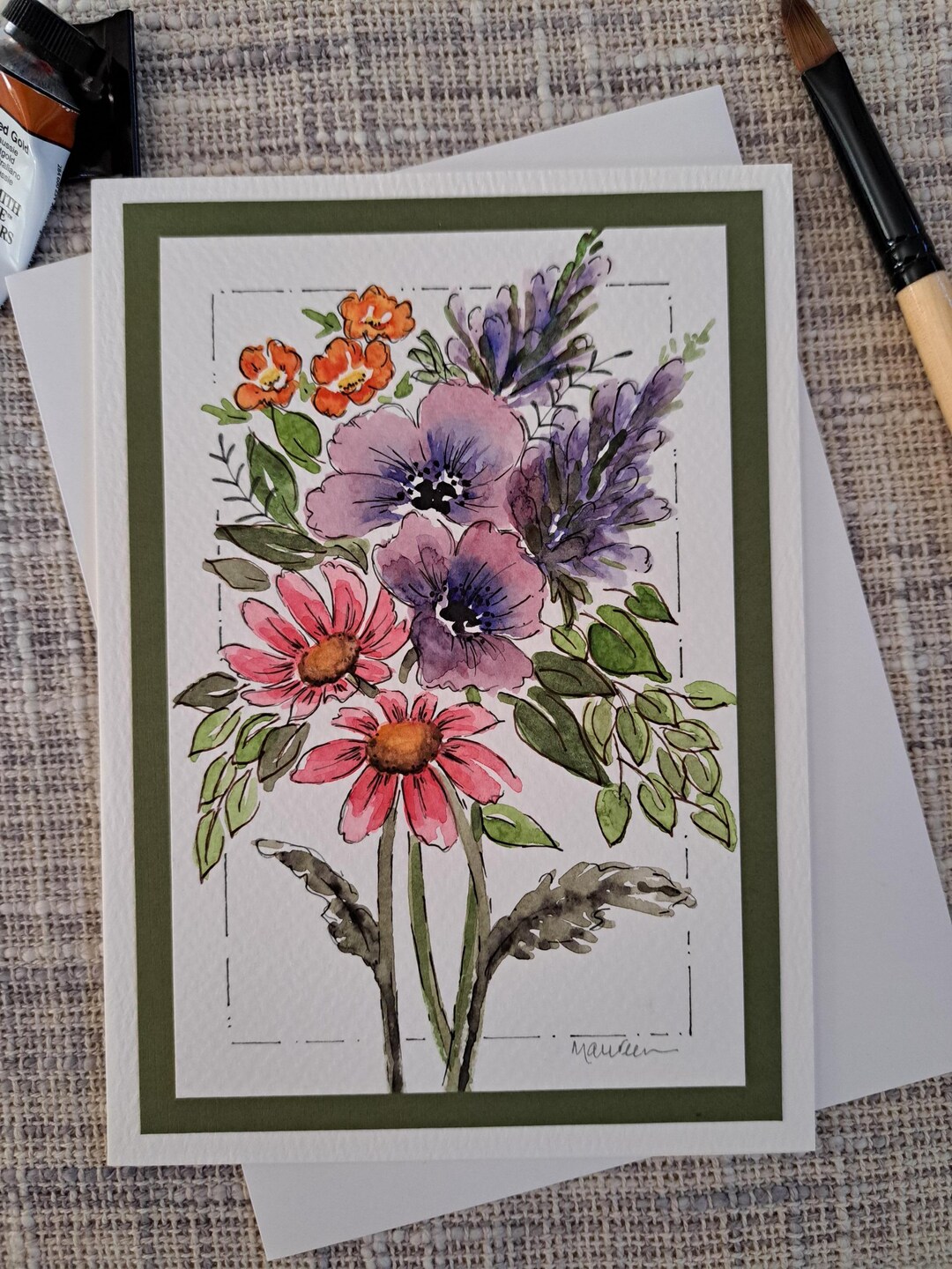 Hand Painted Watercolor Floral Card, 5x7 Inch Frameable Blank Greeting ...