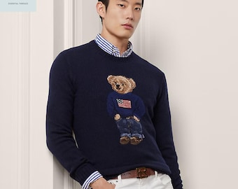 Authentic Ralph Lauren Navy Blue Polo Bear Sweater | Heritage Preppy Knit Crewneck