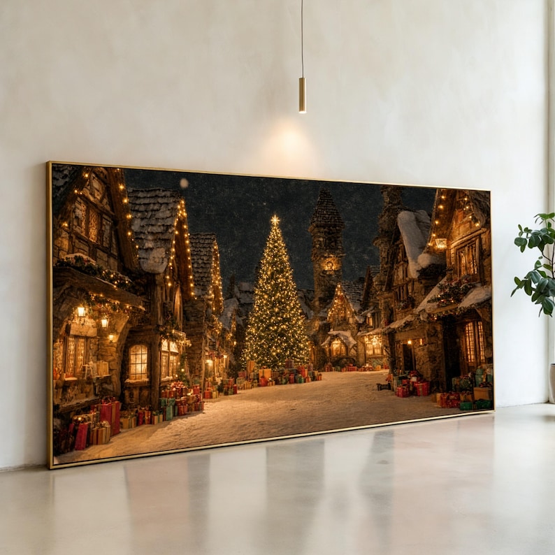Charming Winter Village Canvas Print, Festive Christmas Tree and Snowy ...