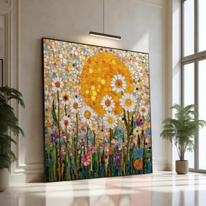 May include: A large rectangular wall art piece featuring a textured, impasto-style painting of white daisies against a vibrant, golden-yellow sun. The background is composed of numerous small, colourful circular dabs of paint in various hues.