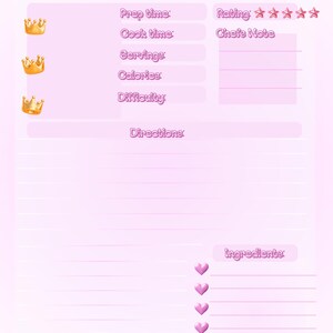 Può includere: Un registro di ricette rosa con le parole "Recipe Log" in alto. Il registro include sezioni per il tempo di preparazione, il tempo di cottura, le porzioni, le calorie, la difficoltà, le istruzioni e gli ingredienti. Sono presenti anche un cuore rosa e tre corone d'oro.