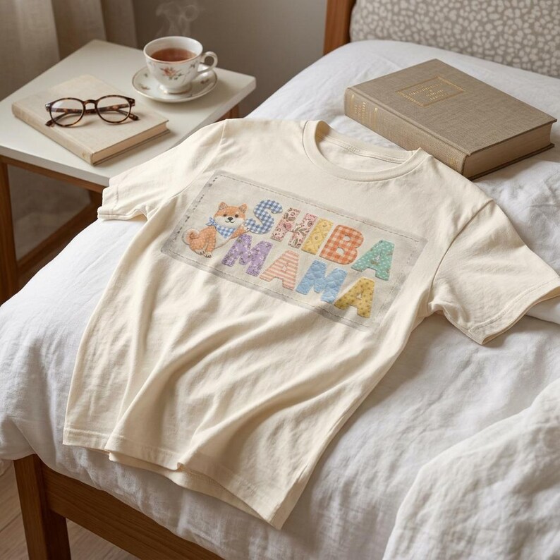 柴犬ママ フェイクパッチワークシャツ コンフォートカラーズ 犬ママシャツ コテージコア 柴犬Tシャツ 犬好きへのギフト かわいい柴犬ママ 美的シャツ 画像 8