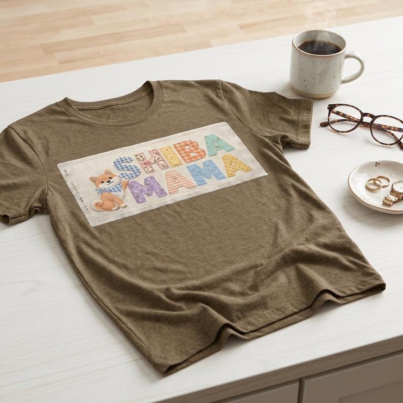 柴犬ママ フェイクパッチワークシャツ コンフォートカラーズ 犬ママシャツ コテージコア 柴犬Tシャツ 犬好きへのギフト かわいい柴犬ママ 美的シャツ 画像 10