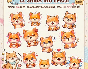 かわいい柴犬絵文字パック PNG 12 かわいい犬の絵文字 Discord Twitch WhatsApp ステッカー デジタルダウンロード ドージミーム 柴犬絵文字パック