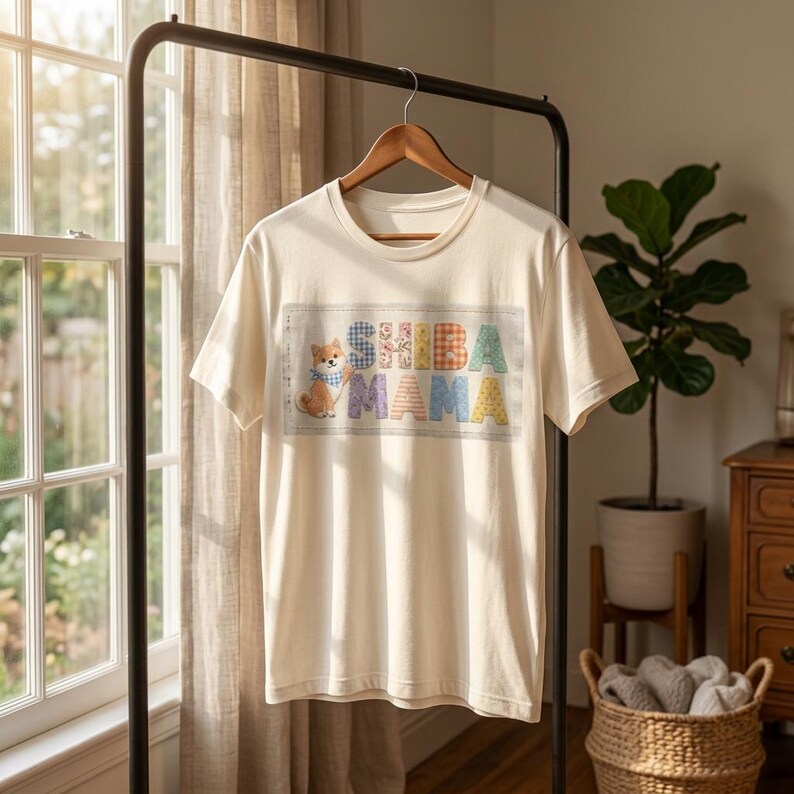 柴犬ママ フェイクパッチワークシャツ コンフォートカラーズ 犬ママシャツ コテージコア 柴犬Tシャツ 犬好きへのギフト かわいい柴犬ママ 美的シャツ 画像 15