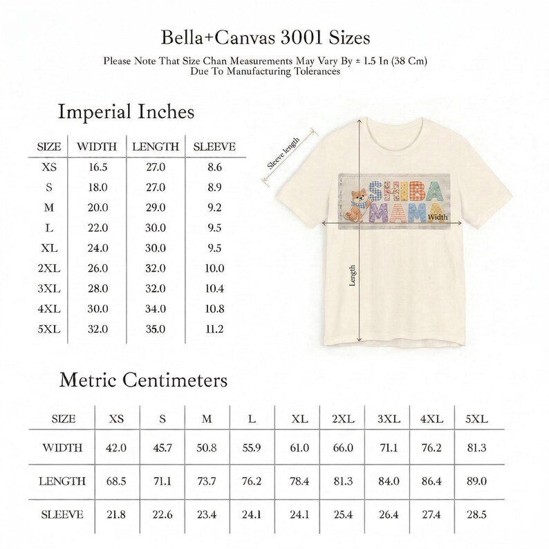 以下が含まれることがあります： クリーム色のBella+Canvas 3001 Tシャツ。柴犬のグラフィックと「SHIBA MAM」の文字入り。画像には、幅、長さ、袖の測定値について、インチとセンチメートルのサイズチャートが含まれています。