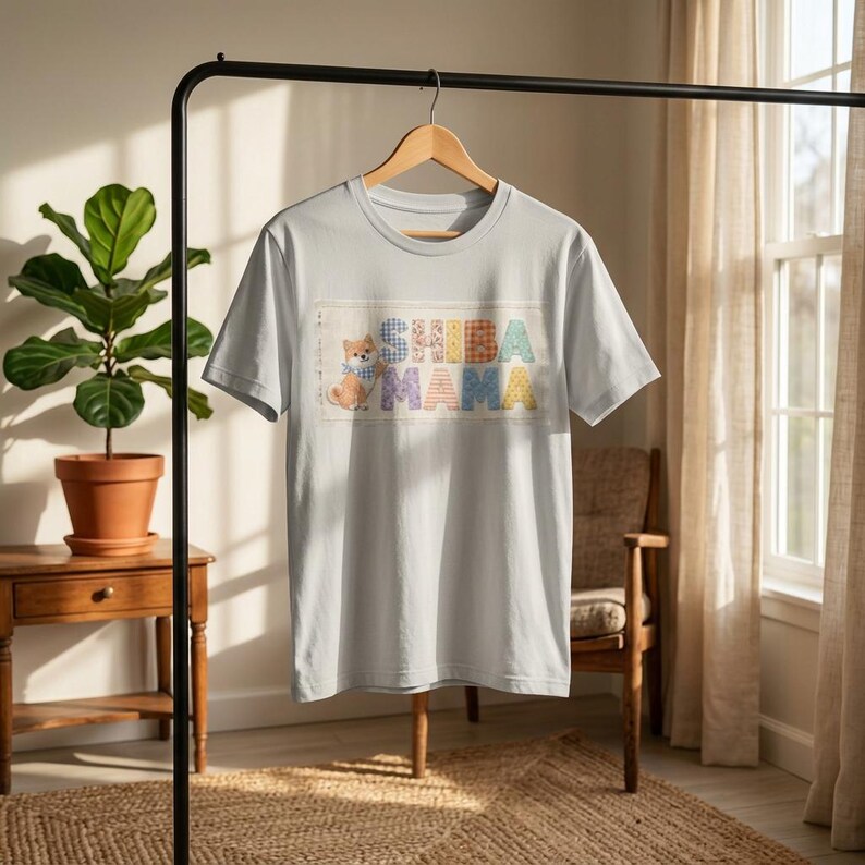 柴犬ママ フェイクパッチワークシャツ コンフォートカラーズ 犬ママシャツ コテージコア 柴犬Tシャツ 犬好きへのギフト かわいい柴犬ママ 美的シャツ 画像 17
